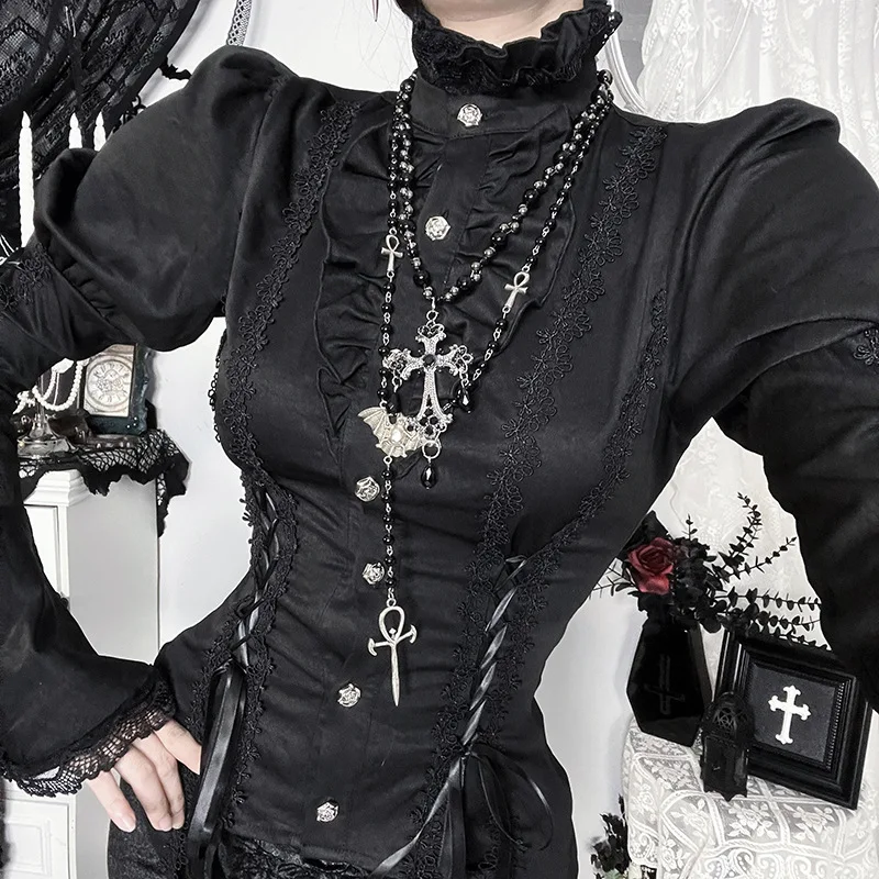 القوطي الظلام لوليتا الدانتيل تقليم القوطية بلوزة قمصان مول القوطي واحدة الصدر مضيئة كم الجانب ضمادة القمم هالوين بالأزرار