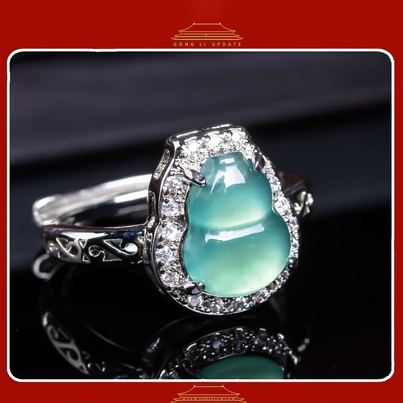 

Natural Jadeite Diamond Inlaid Gourd Ring Luxury Charm Carved Jewelry Real Blue Water Fashion Vintage Gemstone Gifts for Women