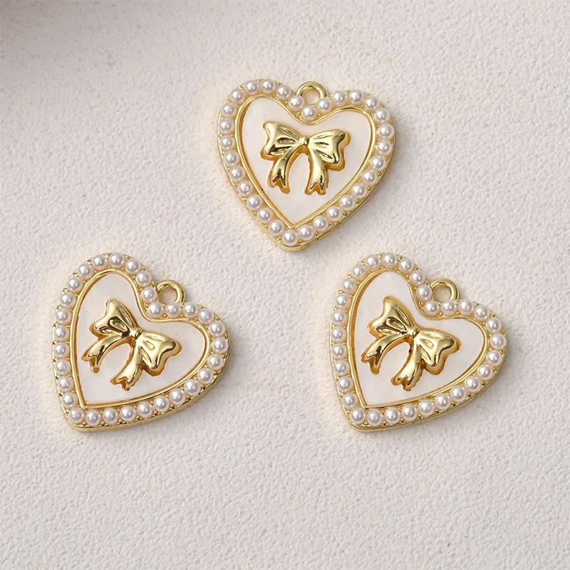 Zinc Alloy Charms Imitation Pearl Bow Heart Charms 21mm 2PCS For DIY Jewelry Making Bulk Wholesale Earring Charms