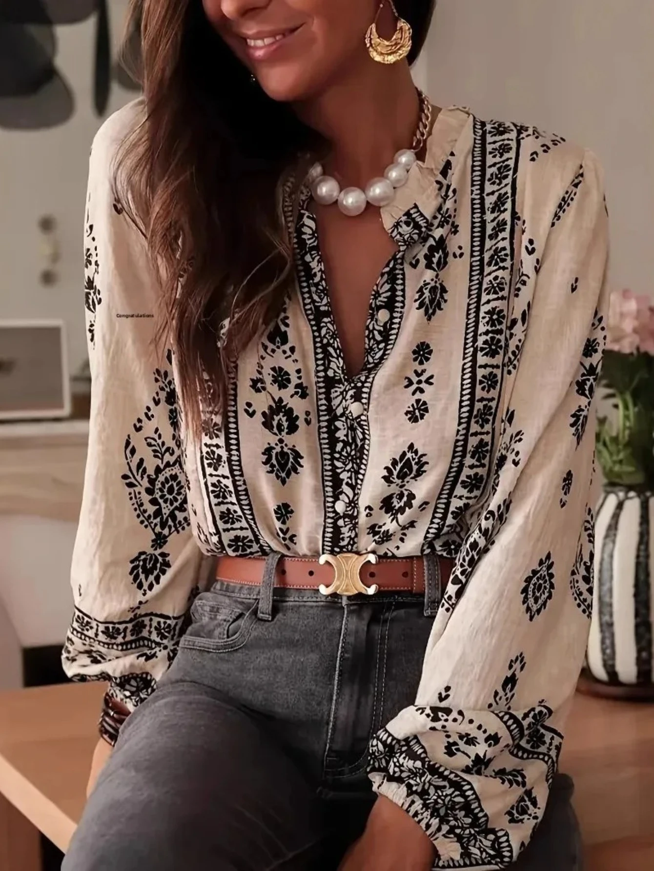 

Элегантная женская рубашка с длинным рукавом из смесового хлопка, с воротником-лотосом, декорированная пуговицами, с цветочным принтом