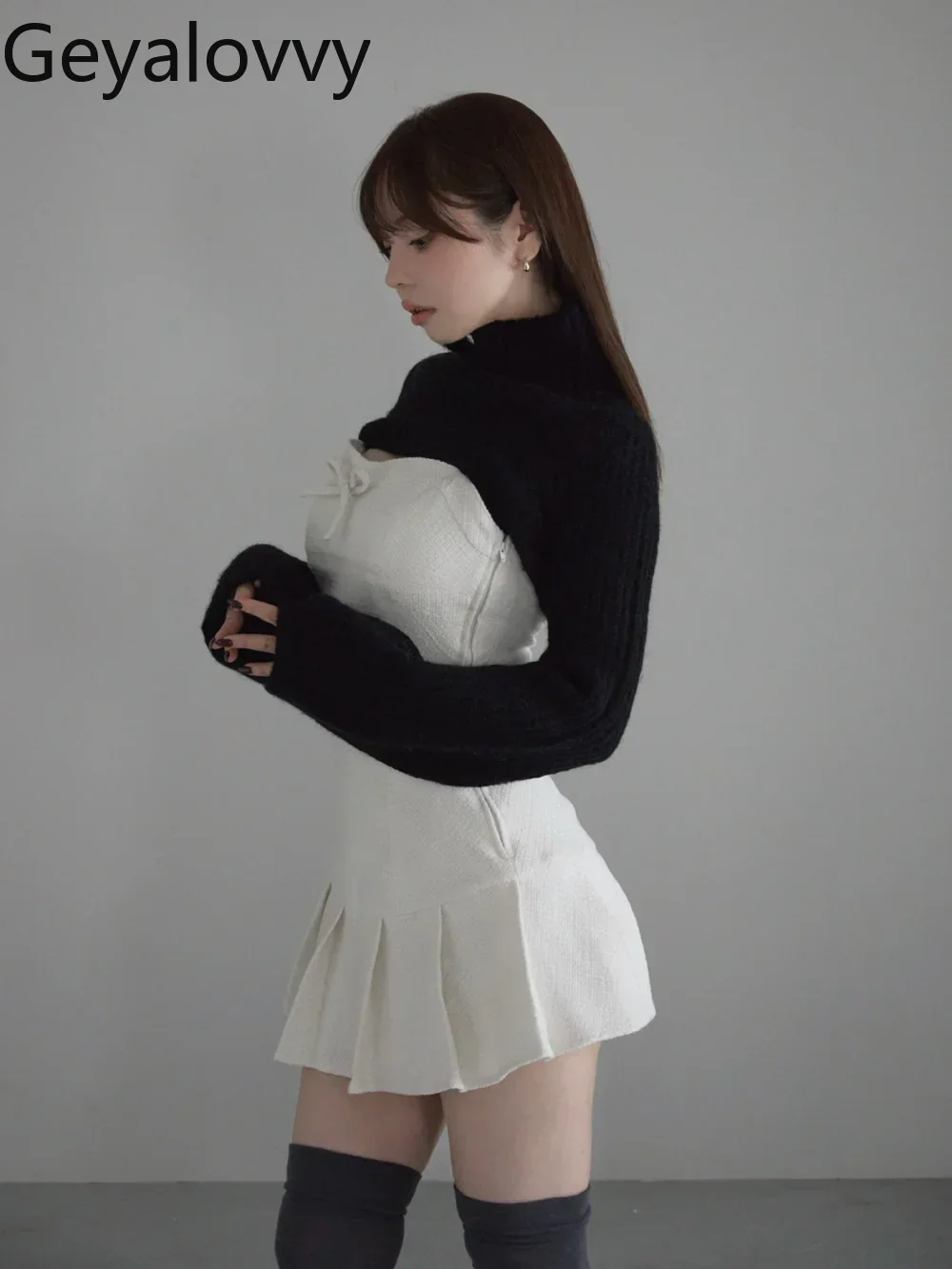 

Японский стиль, осень-зима, новая вязаная блузка с высоким воротом + плиссированное короткое платье без бретелек с бантом, комплект из двух предметов для милых девочек