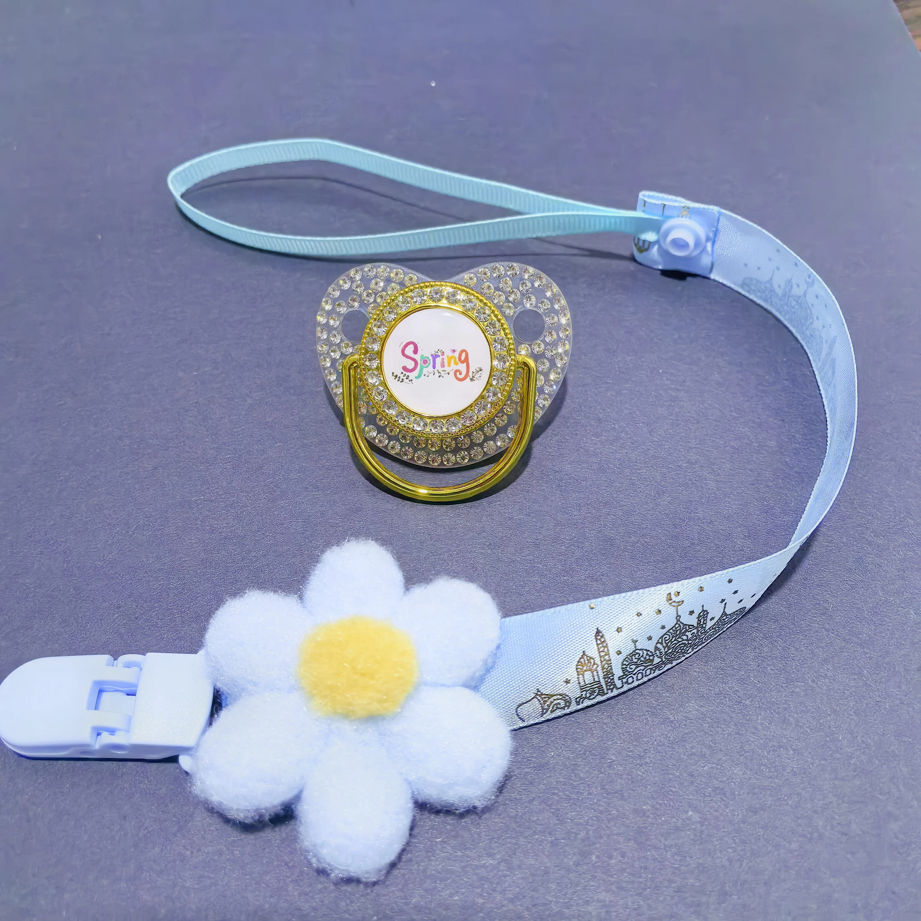 Luxury Baby Boy Pacifier Holder Rhinestone Soother with Islamic Pattern Ribbon & Polka Dot Bow - Perfect Baby Shower Gift