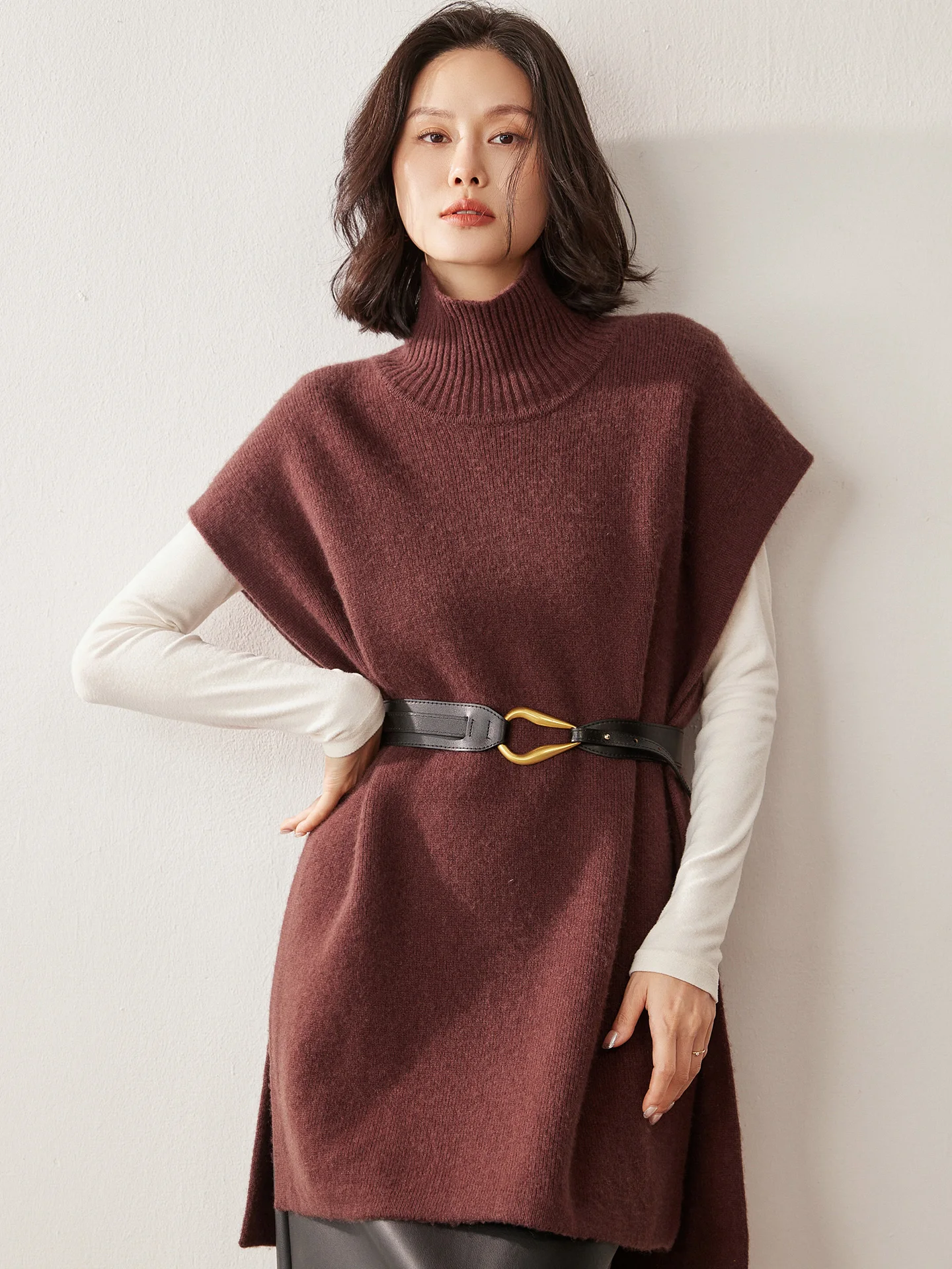 

Autumn Winter New Women's 100% Pure Cashmere Turtleneck Pullover Sweater Sleeveless Loose Lazy Style Knitted Vest Light Luxury