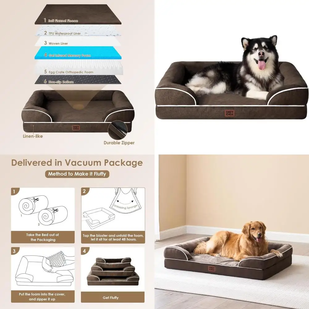 

Large Orthopedic Memory Foam Dog Bed for XL Dogs, Non-Slip, Washable Cover, Brown