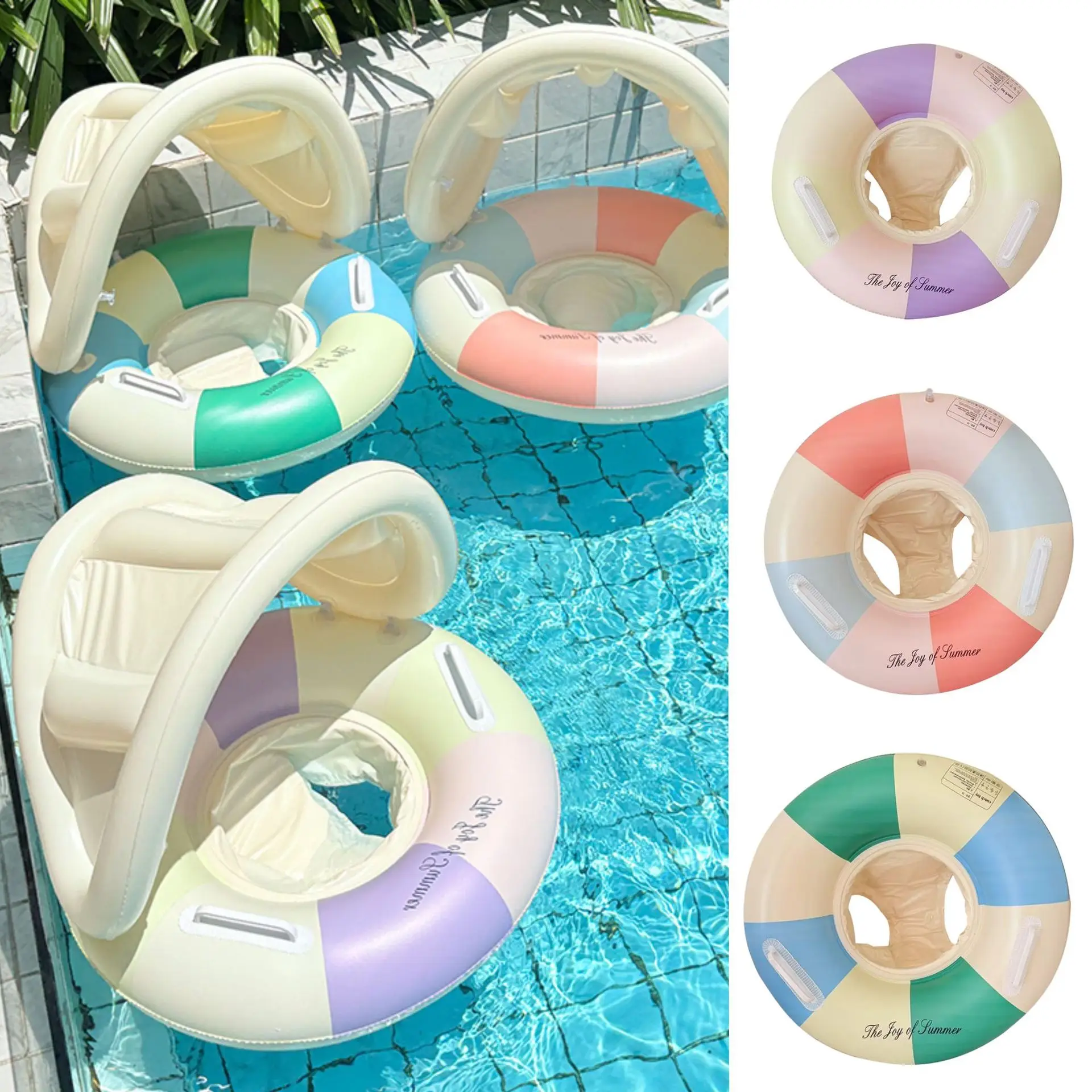 Asiento de natación inflable para bebé a rayas Retro con sombrilla extraíble, anillo de natación, flotadores de manga de brazo circular, anillos flotantes para piscina para bebé