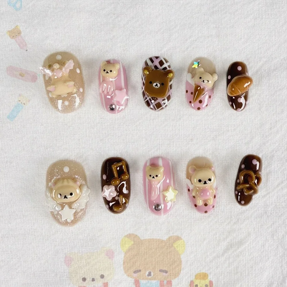 Cartoon Niedlicher Rosa Hase Dessert Liebesbär Ellipsen-Nagelkunst 3D Stern Schmetterling Knoten Flügel Punkt-Muster Künstliche Nägel Geburtstagsgeschenk – Detail 20