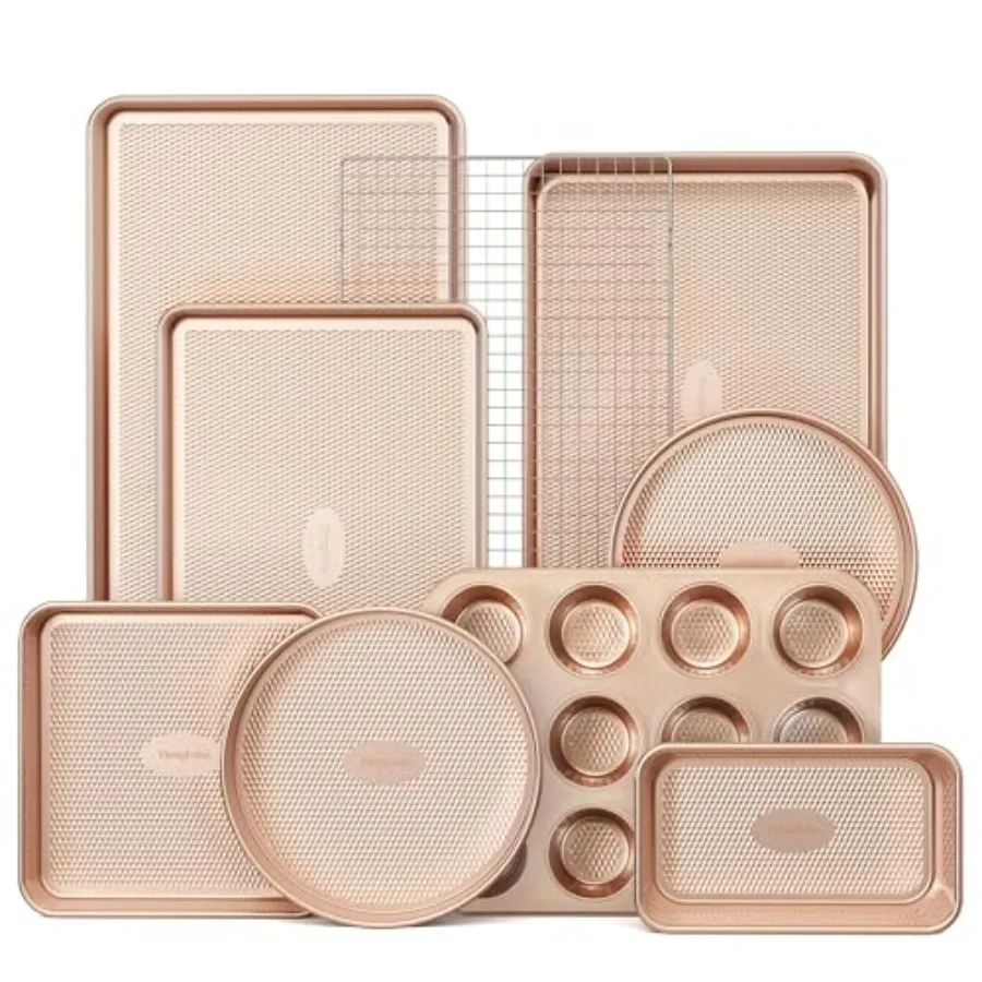 9-Piece Baking Pans Set for Home Kitchen Use, Nonstick Diamond Texture Aluminum with Gold Finish, Oven-Safe Stackable Non Toxic