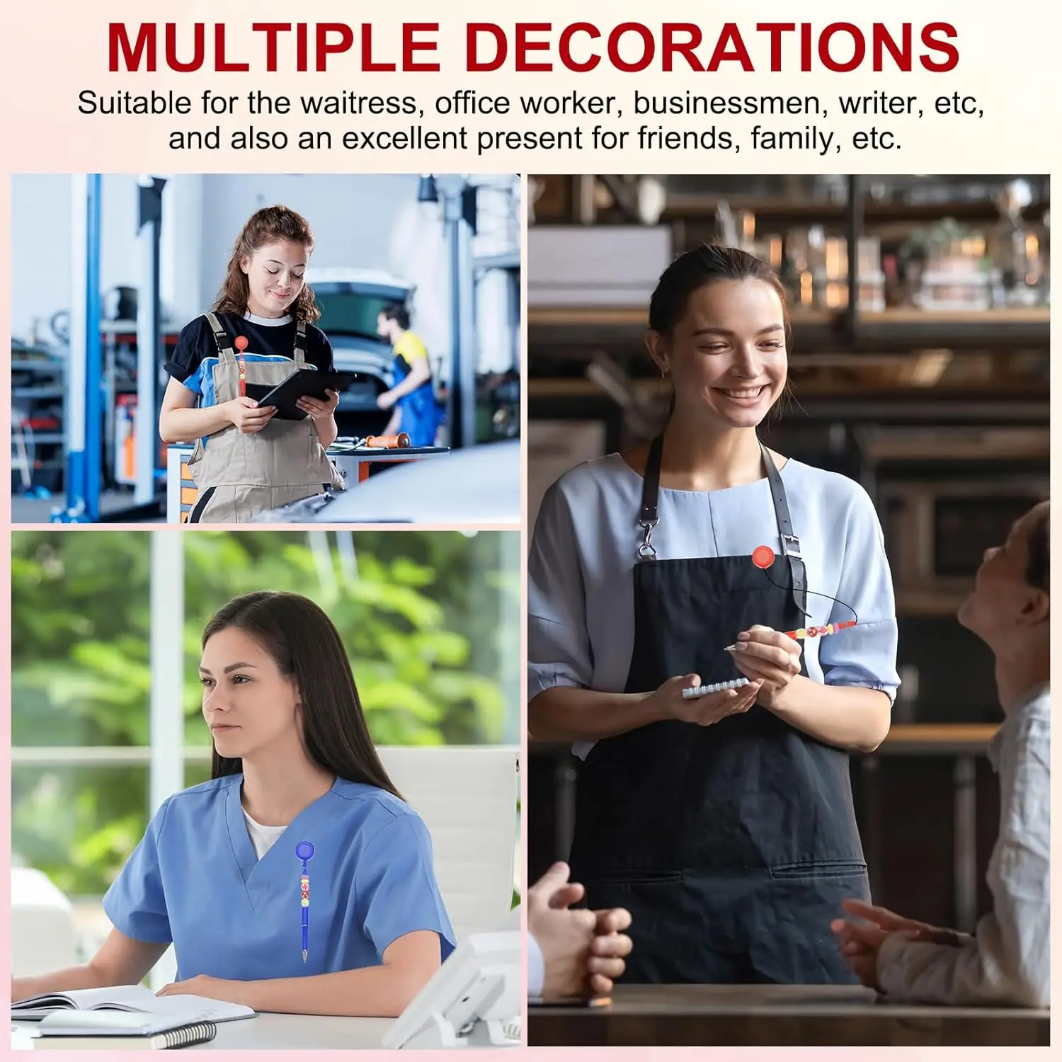 10 Pcs Retractable Badge Reel Beadable Pen Bulk Beaded Ballpoint Pen Black Ink for DIY Making, Office Worker, Waitress, Writing