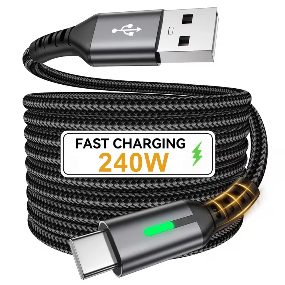 Indicator Light USB C Cable For iPhone 17 16 15 Xiaomi Huawei 240W PD USB A Fast Charging For Macbook iPad Type C to C Cable