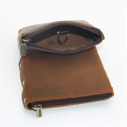 Monedero de cuero genuino para hombre y mujer, bolsa de llaves Vintage, soporte de llavero, cadenas de Caballo Loco, bolsa de cambio pequeña con cremallera