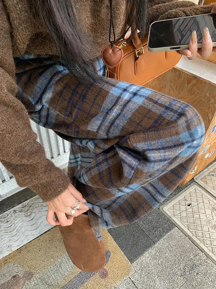 Blue Plaid Thickened Woolen Casual Pants Straight Leg Wide Leg Floor Length Trousers Autumn Winter New Style Trendy Women's Long