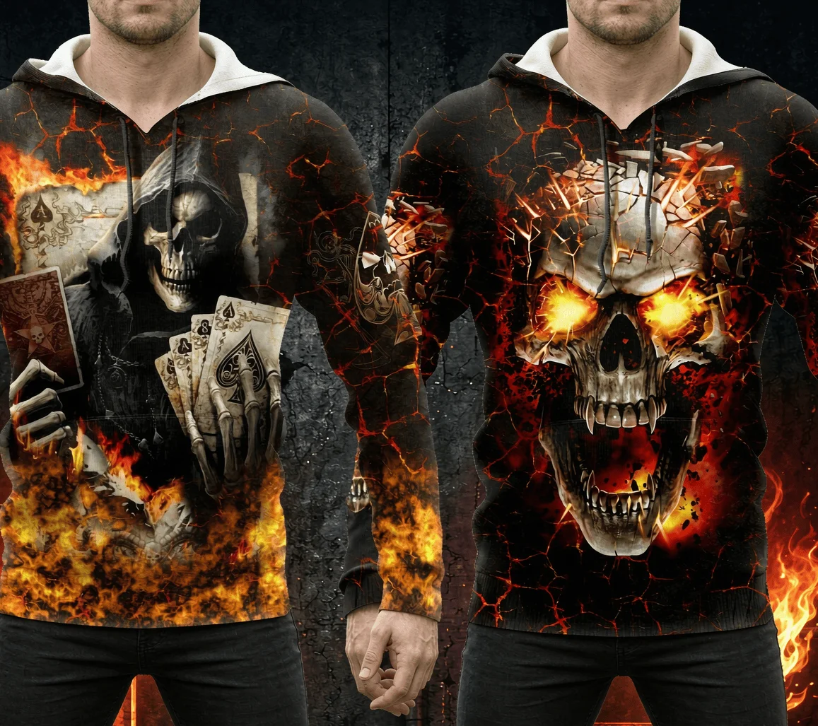 26/27 Men Hoodies 3D Print Horror Flaming Skull Graphic Fashion New Style Casual Pullover Personality Oversize Men Clothing Tops
