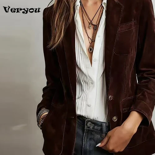 Imagen 1 del producto Chaqueta Retro de manga larga de Color puro para mujer, Blazers holgados informales con cuello vuelto para mujer, prendas de vestir exteriores de Otoño Invierno