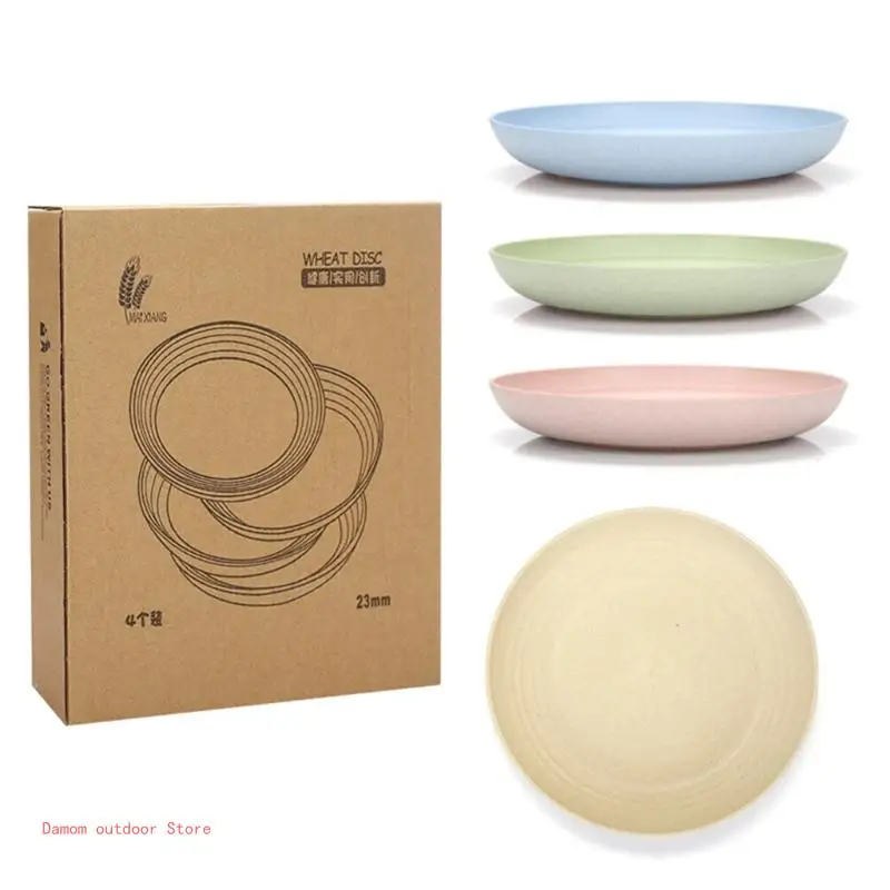 4Pcs Reusable Wheat Straw Plate Unbreakable Round Dish Lightweight Dinner Plate