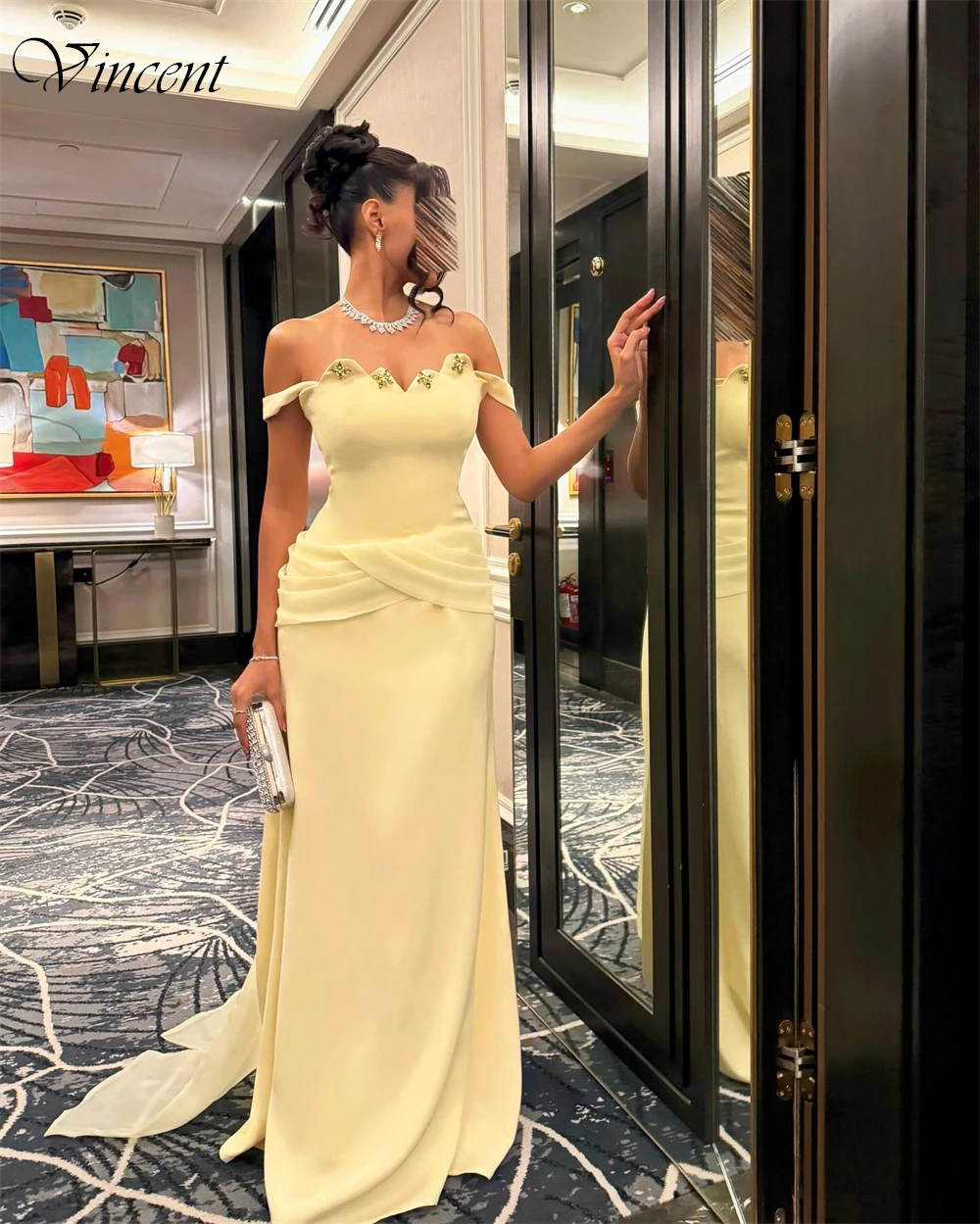 Элегантное светло-желтое вечернее платье из джерси по индивидуальному заказу, классические вечерние платья с открытыми плечами, блестящее платье для выпускного вечера с кристаллами для женщин