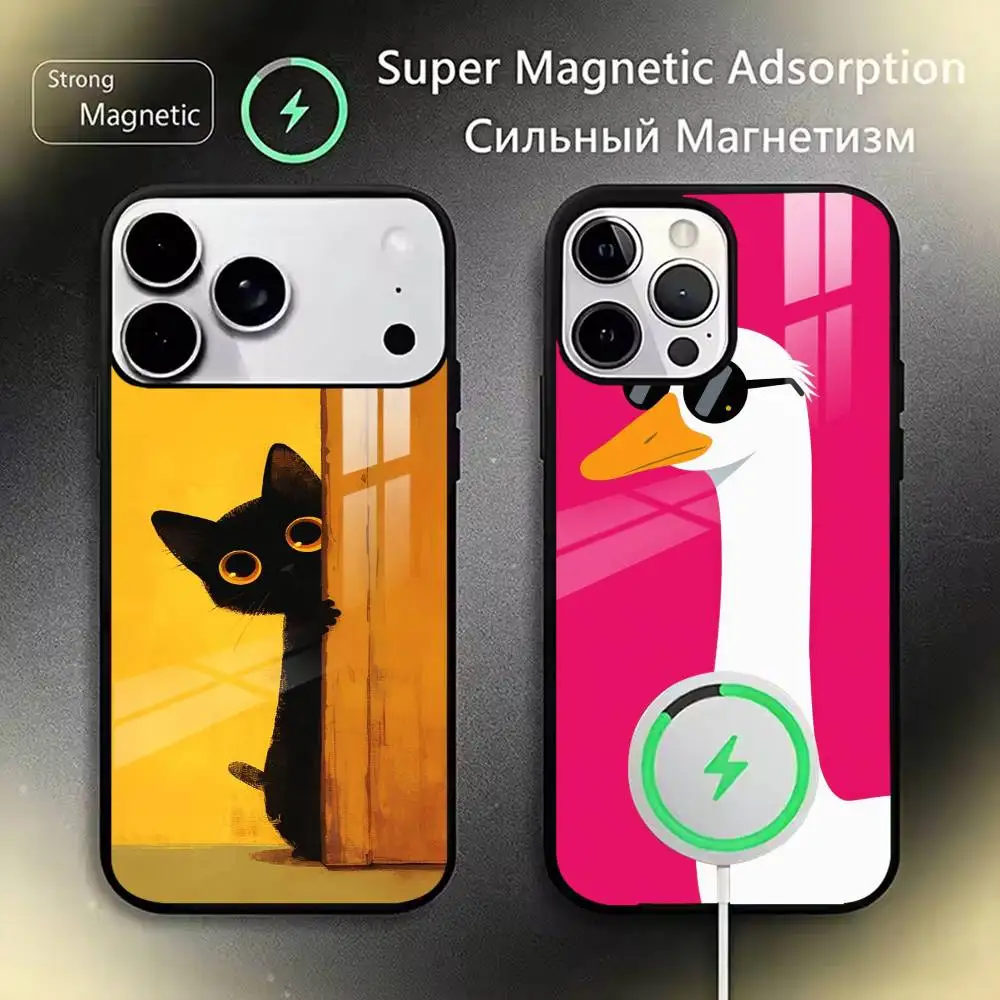 

Cute Cartoon Cat & Duck Aesthetic Phone Case For iPhone17,16,15,14,13,12,11 Plus,Pro Magnetic For Magsafe Wireless Charging