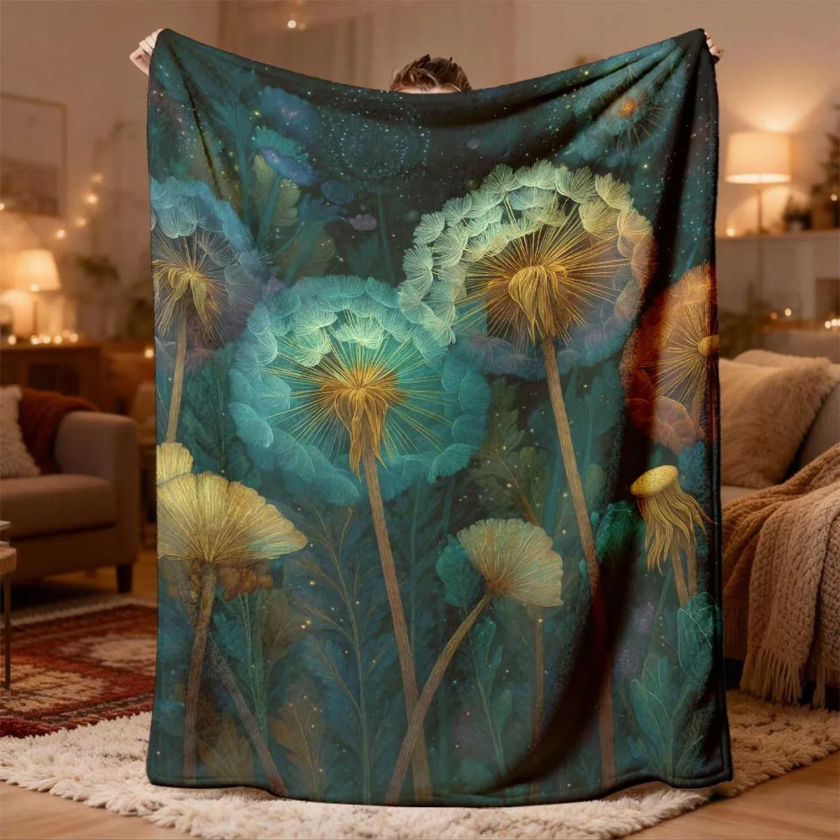 Dandelion Floral Galaxy Print Throw Blanket 150x200cm Cozy Aesthetic Plush Bohemian Starry Night Home Decor Bed Wrap