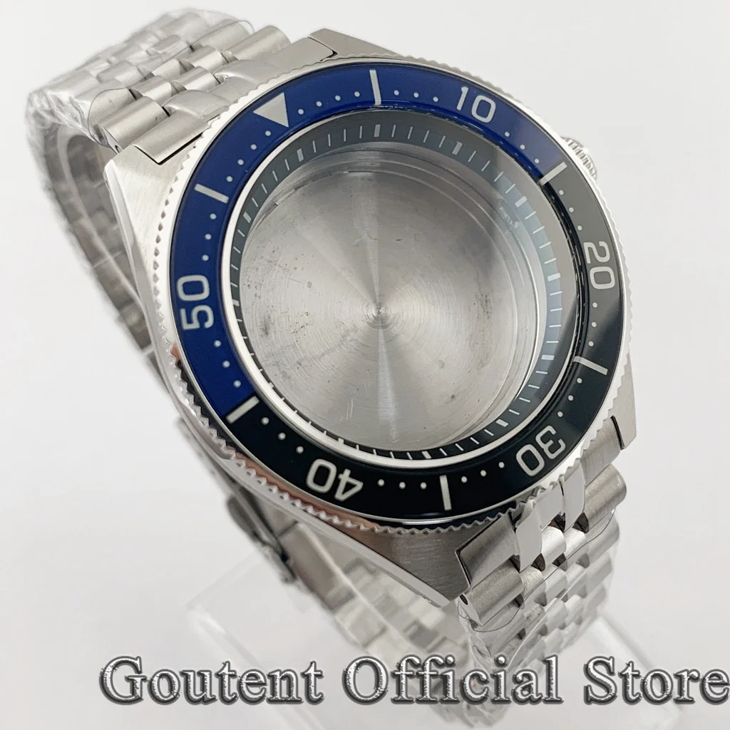 Goutent 43mm Silver Watch Case Strap Domed Sapphire Glass Luminous Ceramic Bezel 200 meters waterproof Fit NH35 NH36 Movement