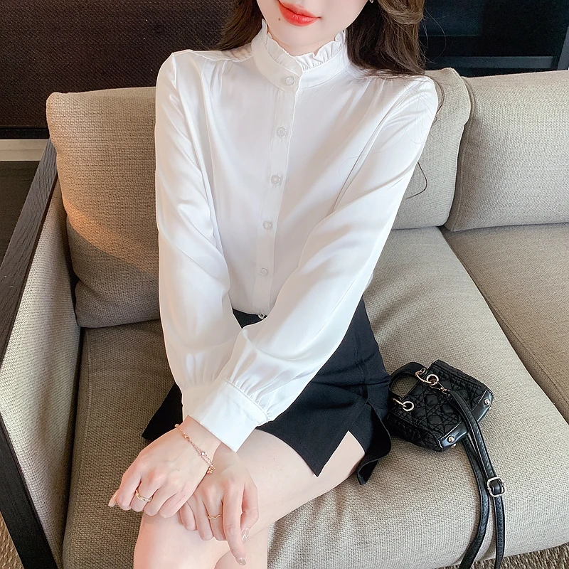 Fashion Stand Collar White Chiffon Women Blouse Shirt Tops Blusas Mujer De Moda 2024 Long Sleeve Blouse Women Shirt Blusa H540