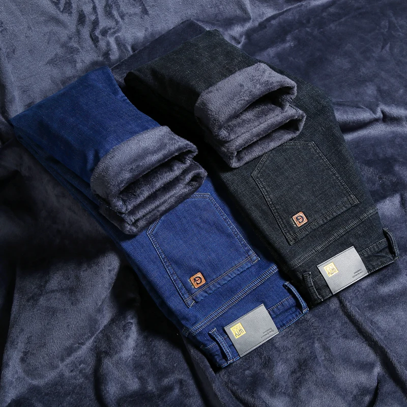 

Fleece Slim Stretch Men's Jeans Winter New Casual Warm Fashion Classic Fleece Pants Male Brand Plush Denim Trousers