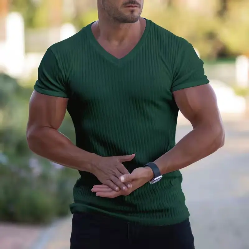 2024 Hot Selling Men\'s Summer Slim V-Neck Casual Sports Breathable Solid Color Short Sleeve T-Shirt Sweat-Wicking