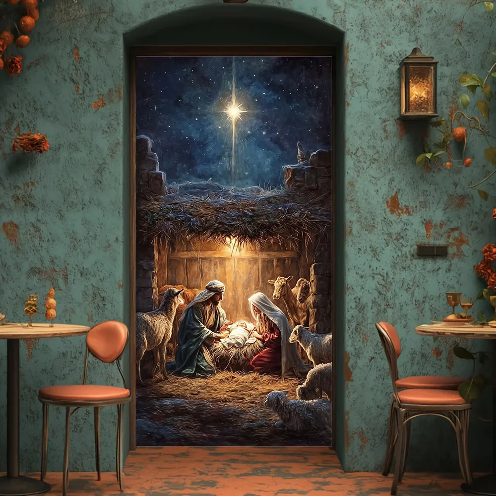 طائرة ثنائية الأبعاد، لافتة باب ثنائية الأبعاد، 1 لافتة باب بمشهد ثابت للميلاد - ماري، جوزيف ولادة يسوع - ألياف البوليستر #3