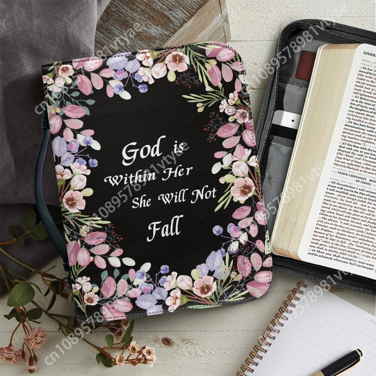 Flowers Verse Pattern Leather Bible Bag for Women Men Handle Handbags Bible Hymns Bible Cover Case Carrying  Storage Bags Custom