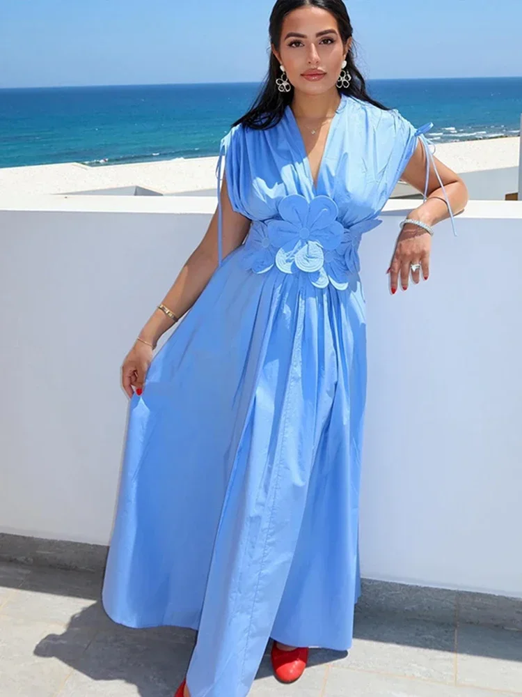 

Chic Solid Flower Pleated Lace Up Women Dresses Fashion V-neck Short Sleeve A-line Dress 2024 Summer Female Holiday Robes