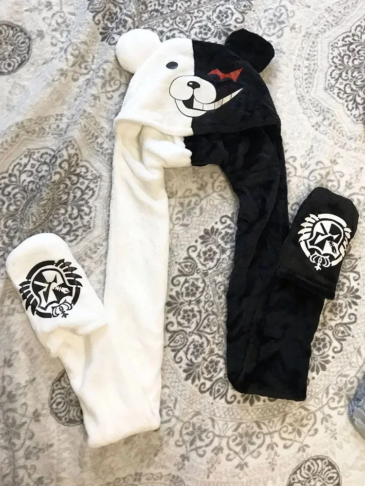 Chapéu de pelúcia Danganronpa Monokuma, Coelho no gorro, Luvas macias, Cachecol, Earmuffs, Boné, Preto, Branco, Urso Headwear, Cosplay Props, Presentes