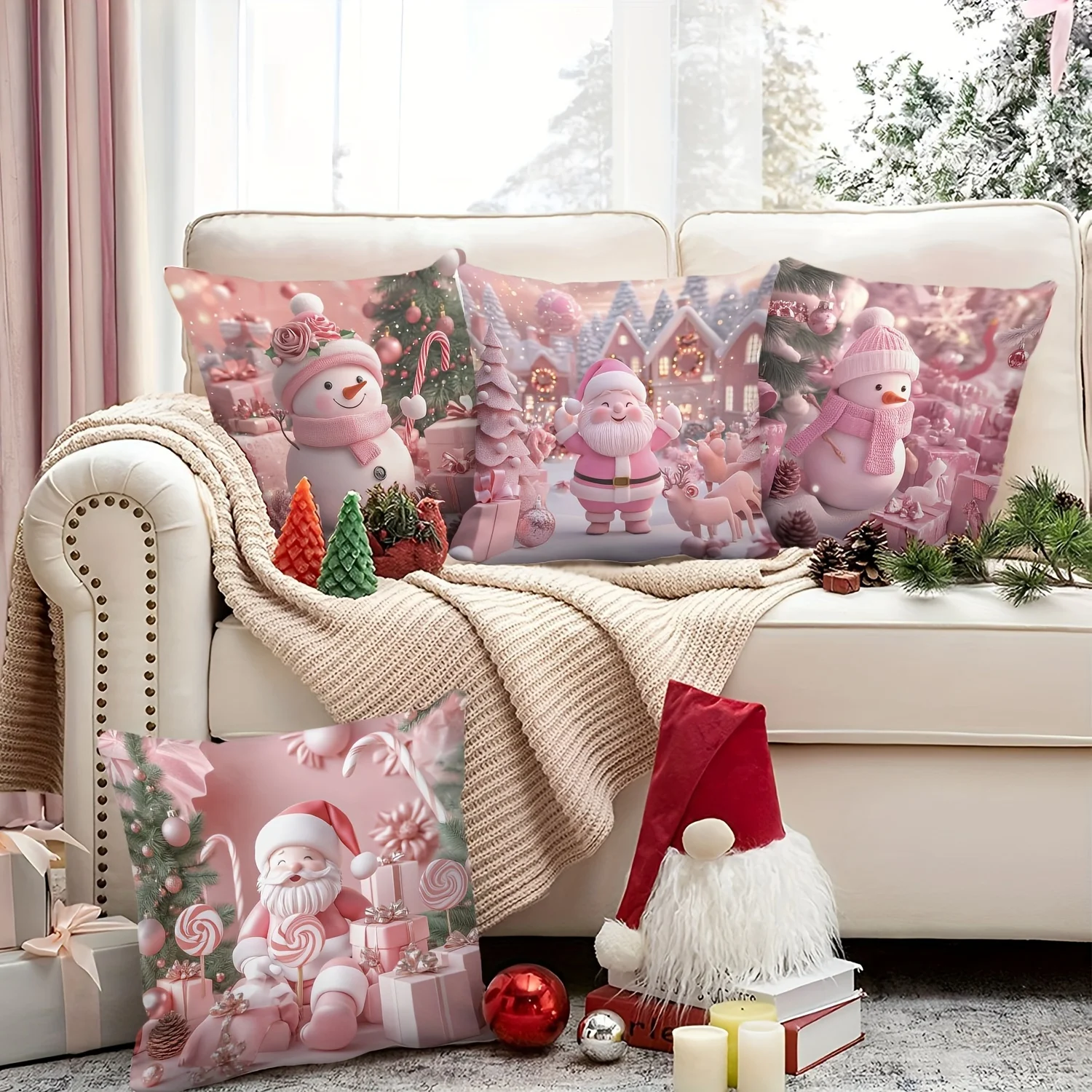2D FLAT-4pc Pink Christmas Throw Pillow Covers Sofa and living room decoration, single-sided printing, without pillow core