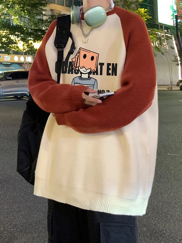 

Мужской вязаный свитер с длинными рукавами и вставками, осенне-зимний, в стиле колор-блок, с круглым вырезом, винтажный американский базовый свитер.