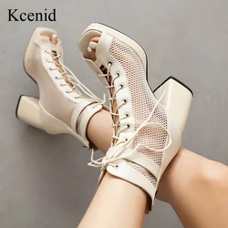 Kcenid New Sexy High Heels Hollow Mesh Boots Summer Fashion Trend Comfort Peep Toe Boots Jazz Dance Female Shoes Zipper Black