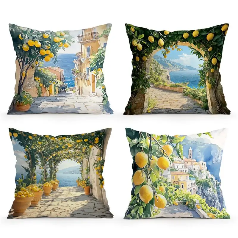 Amalfi Coast Lemon Tree Pattern Decorative Cushions Pillowcase Polyester Cushion Cover Throw Pillow Sofa Decoration Pillowcover