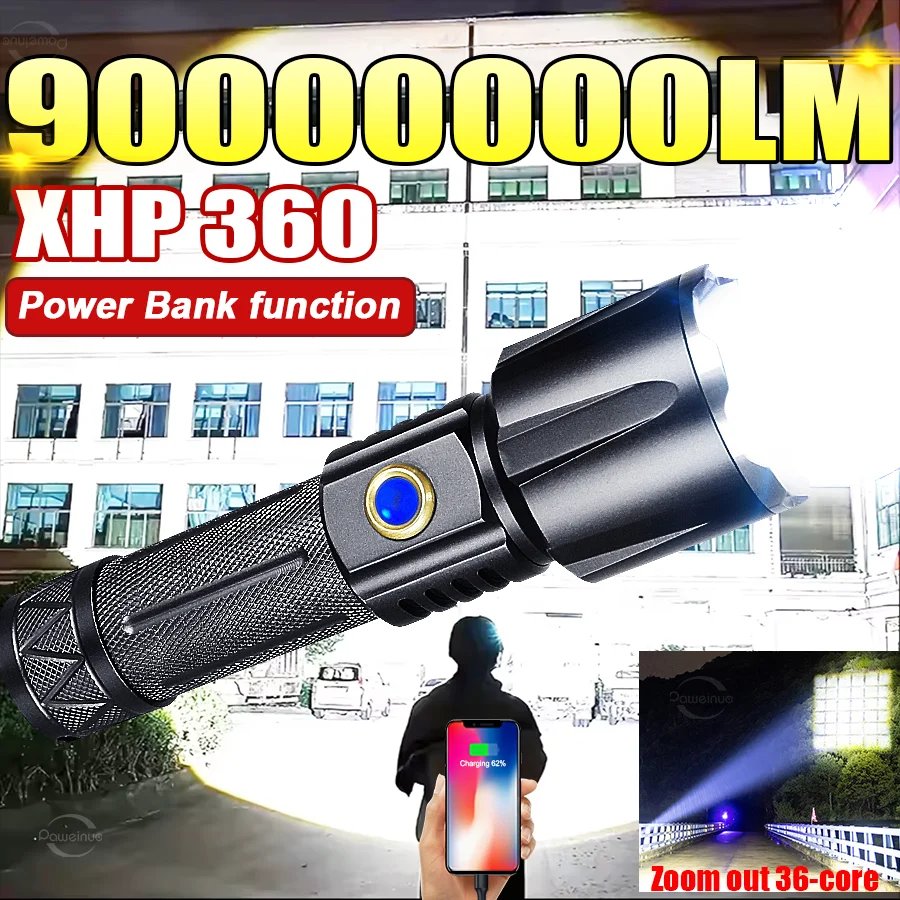 PAWEINUO Lanterna LED recarregável mais poderosa, tocha tática para pesca, caça, tipo c, lanterna de longo alcance 6000M