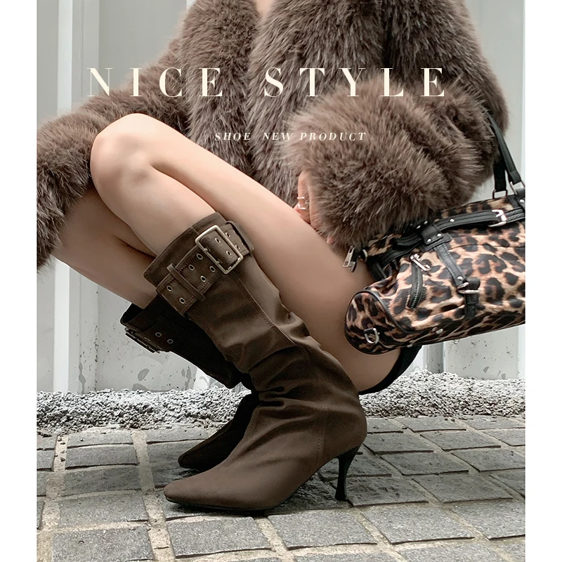 

Новинка 2026, осенне-зимние женские сапоги до колена, 22-25 см, мотоциклетные ботинки без шнуровки с кожаным ремнем и пряжкой, ковбойские сапоги в стиле вестерн