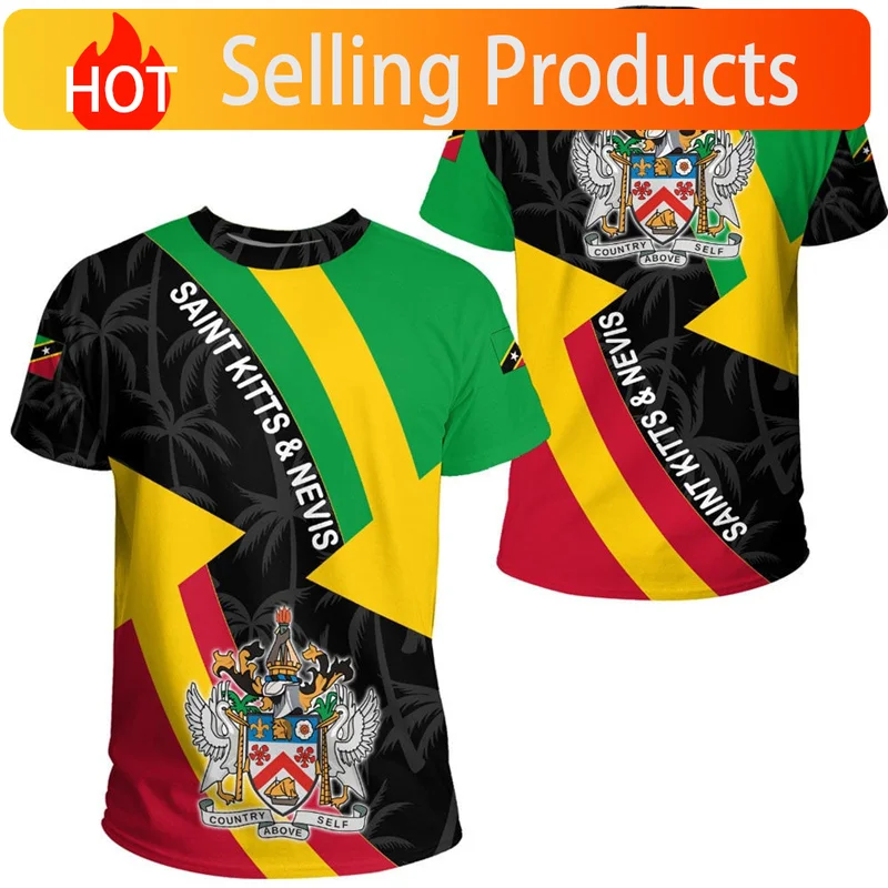 Saint Kitts And Nevis Flag T-Shirt For Men 3D Printed Coat Of Arms T Shirt Summer Short Sleeves Tops Casual Oversized Tee Shirts
