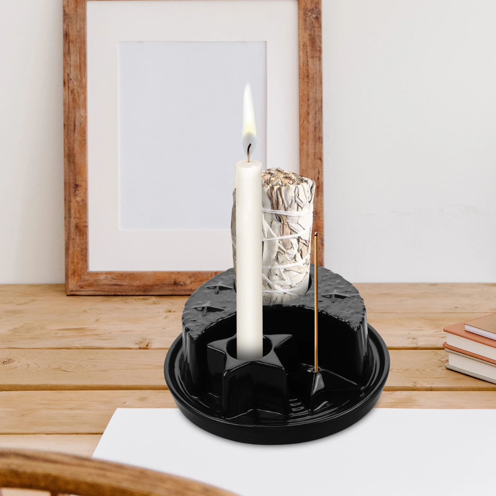 

Ceramic Incense Stick Holder Sage Burner Star Moon Pattern Aromatherapy Tray Natural Smudge Stick Burner Home Office Decor