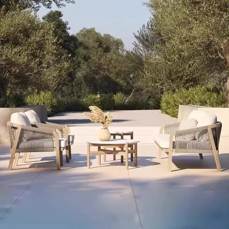 Teak Outdoor Sofa Courtyard Garden Preservative Wood Designer Open-air Balcony Leisure Rattan Chair Hotel Furniture Combination