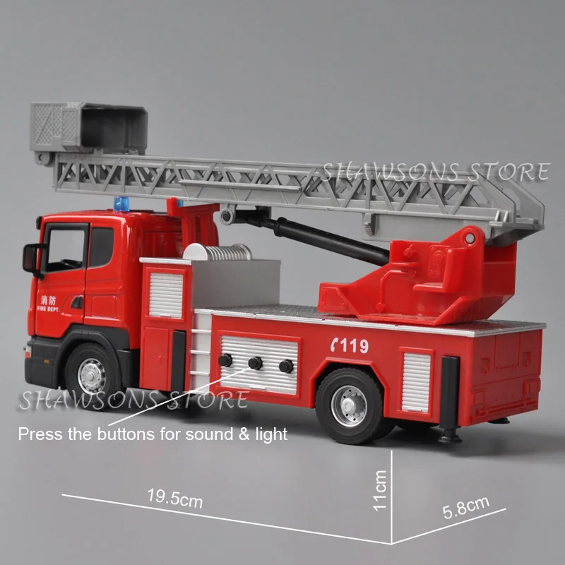 Brinquedo modelo do veículo do motor de incêndio Diecast, réplica diminuta do caminhão da escada, som e luz, T420, escala 1:43