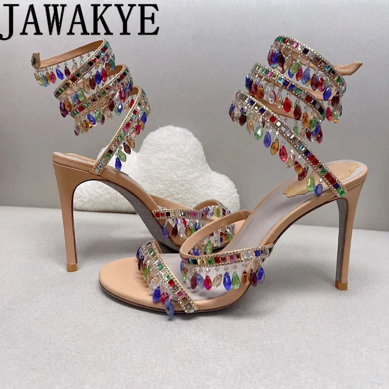 

Colorful Gemstone Gladiator Sandals Women Open Toe Ankle Strap Thin High Heel Shoes Summer Sexy Bridal Wedding Party Shoes Women