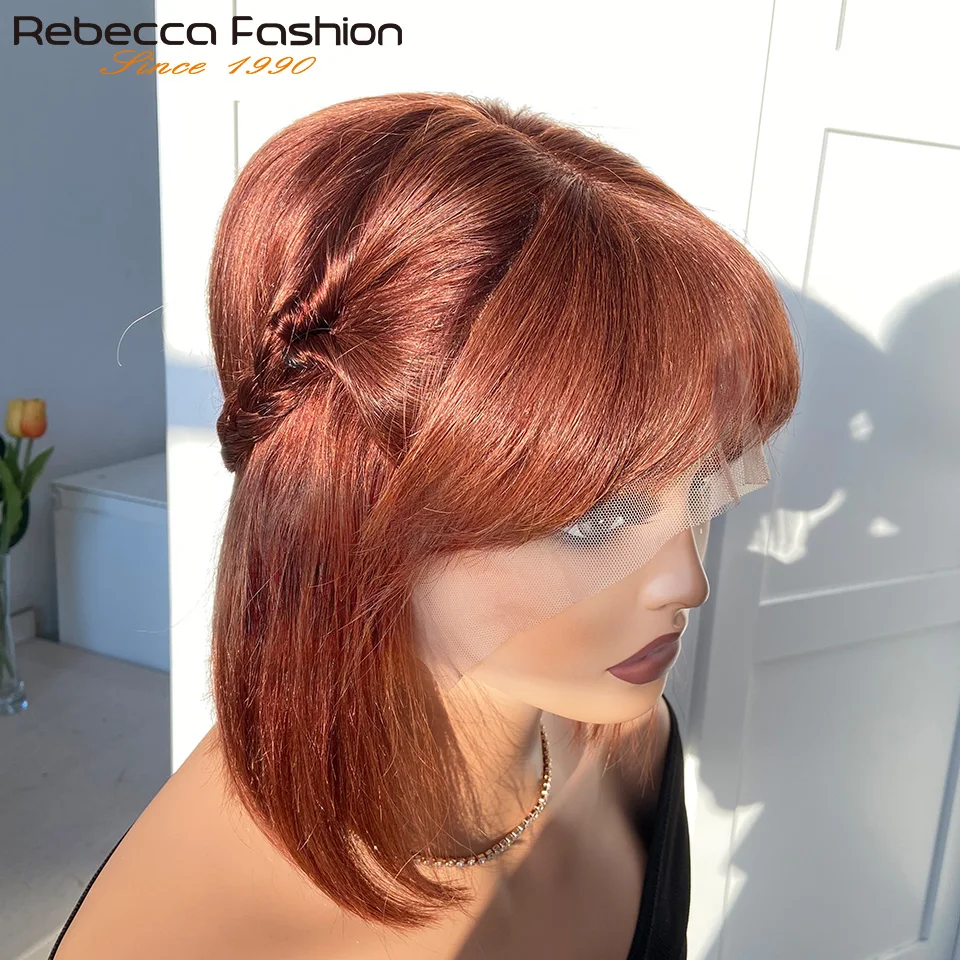 

Reddish Brown Hair Bob Middle Part Lace Wigs With Bangs Fringe Straight 100% Human Hair Wigs With Bangs Straight Hair Lace Wigs