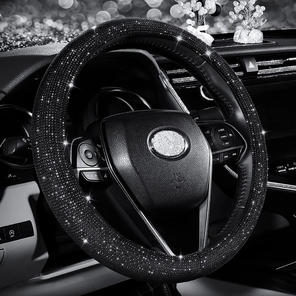 Car Rhinestones Steering Wheel Cover With Crystal Diamond Sparkling Car Suv Steering Wheel Protector Fit 14.5-15 Inch Vehicle