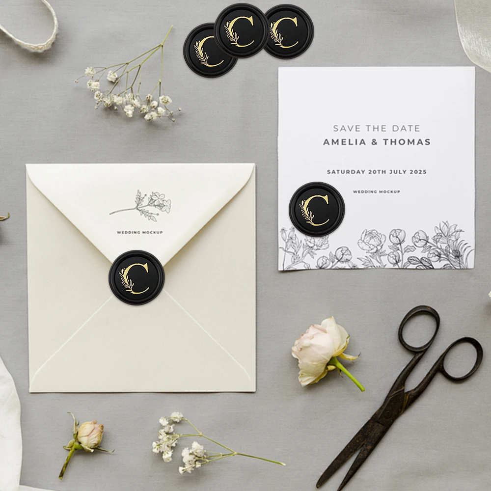 25pcs Black Wax Seal Stamp Stickers - Initial C Handmade Invitation Envelope Letter C Adhesive Seal Stickers for Invitation