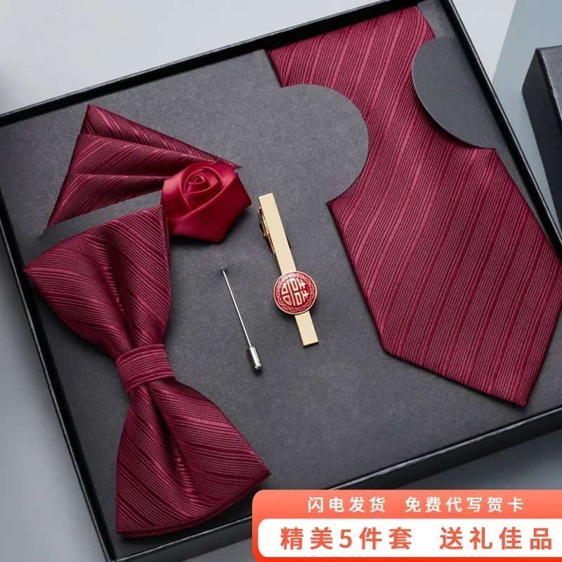 【high-quality】5-piece  zipper tie men's formal business casual Korean version of wedding bridegroom bow tie scarf tie clip