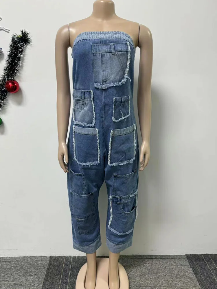 Kricesseen Runway Denim Patchwork Bandeau Jumpsuits One Piece Outfits Women\'s Bomb Jeans Harem Jumper Night Clubwear Outfits