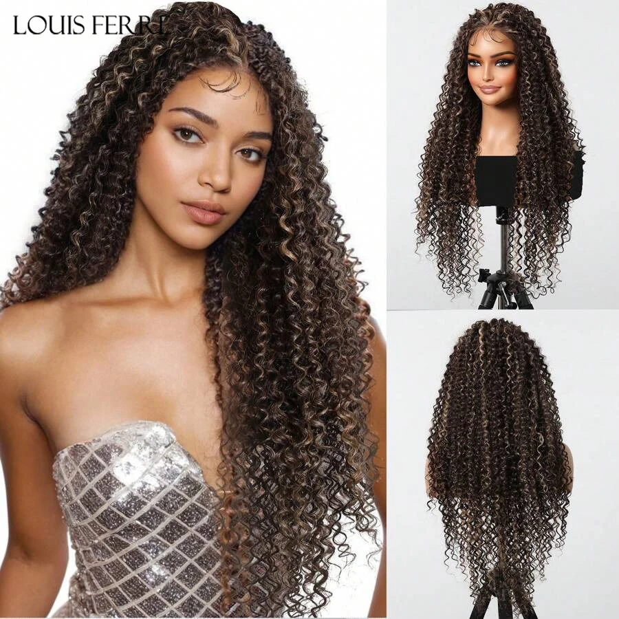 

LOUIS FERRE Black With Blonde Highlights Hair Kinky Curly Wigs for Women 13*6 Lace Front Synthetic Wigs Daily Party Cosplay Wig