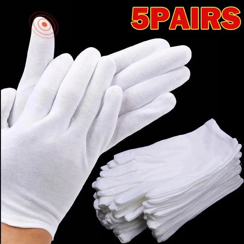 

5 пар белых хлопковых рабочих перчаток для сухих рук, пленочные спа-перчатки, церемониальные высокоэластичные перчатки, бытовые чистящие средства