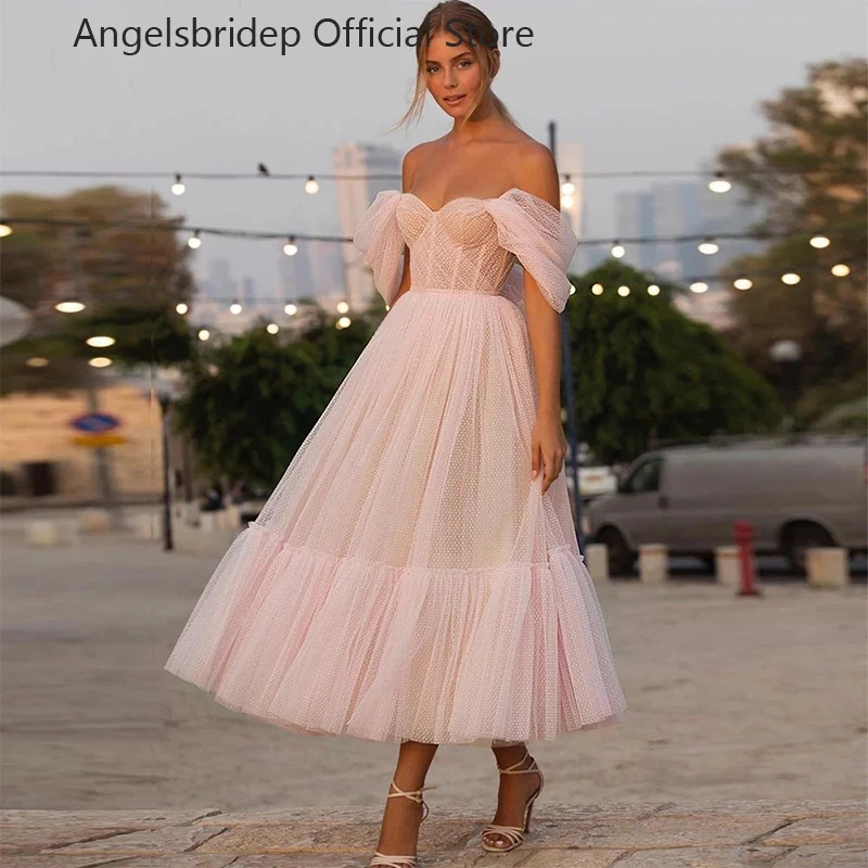 

Angelsbridep Off Shoulder Pink Dot Tulle Prom Dress 2023 Sweetheart Short Sleeves Evening Dresses Tea-Length A-Line Party Gowns