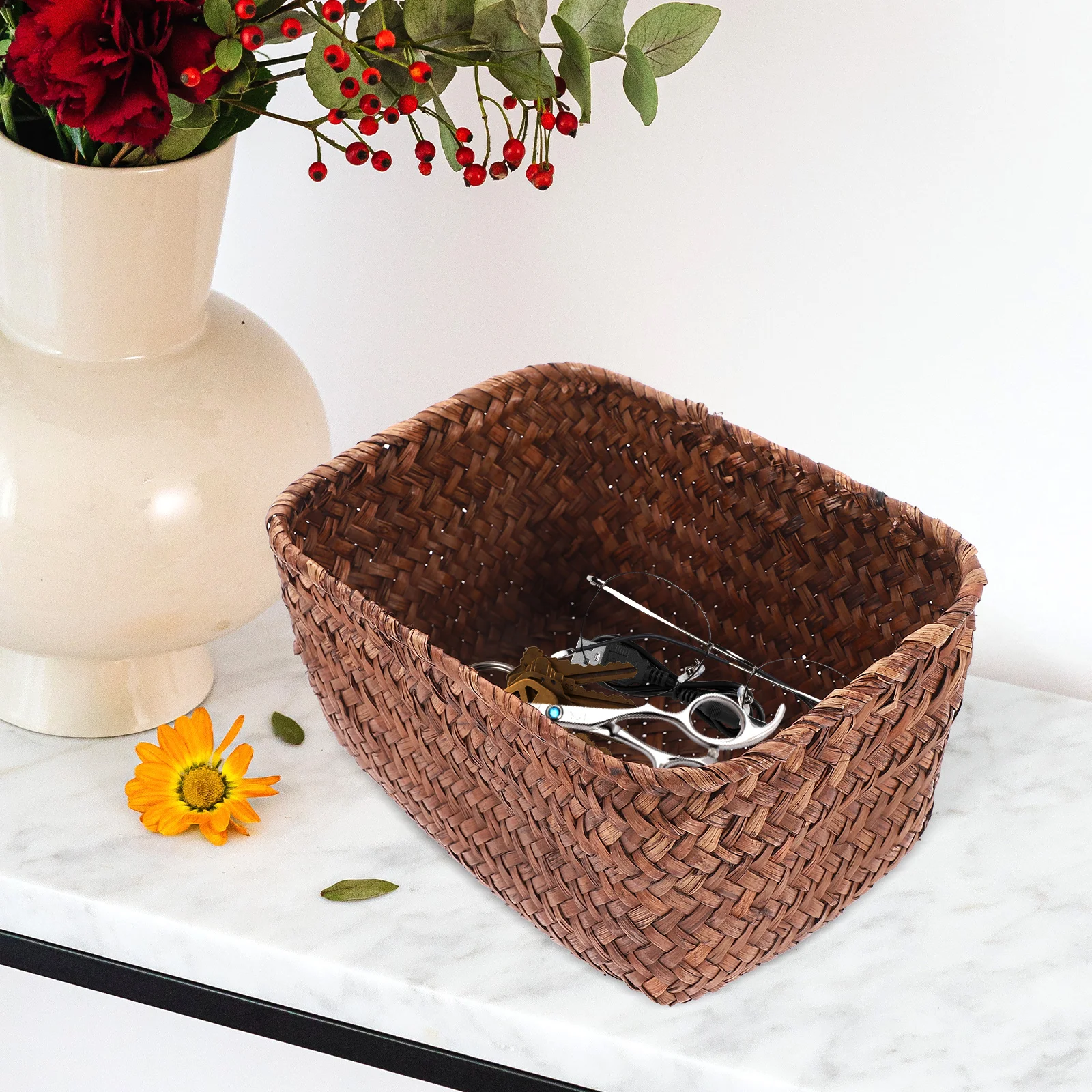 

1pc Sturdy Desktop Storage Basket Woven Organizer for Home Keys Wallet Sundries Portable Compact Tidy Simple Design