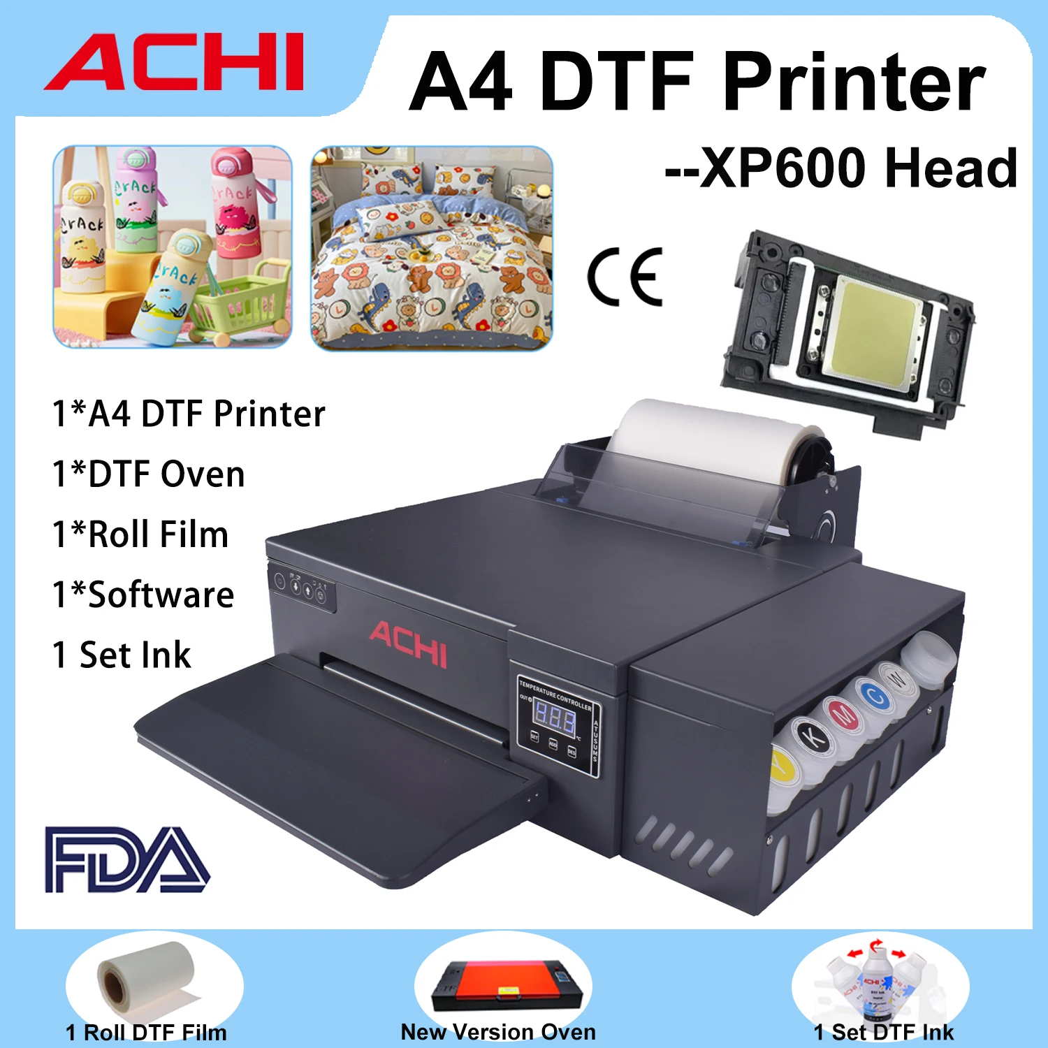 طابعة ACHI A4 DTF مع فرن XP600 لفة DTF طابعة فيلم نقل مع حبر للنسيج الحرف اليدوية قبعة طباعة الملابس